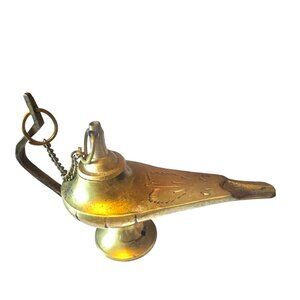 Miniature Brass Genie Lamp Oil Burner With Hinged Lid & Chain Vintage
